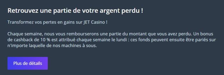 Jet Casino cashback hebdomadaire